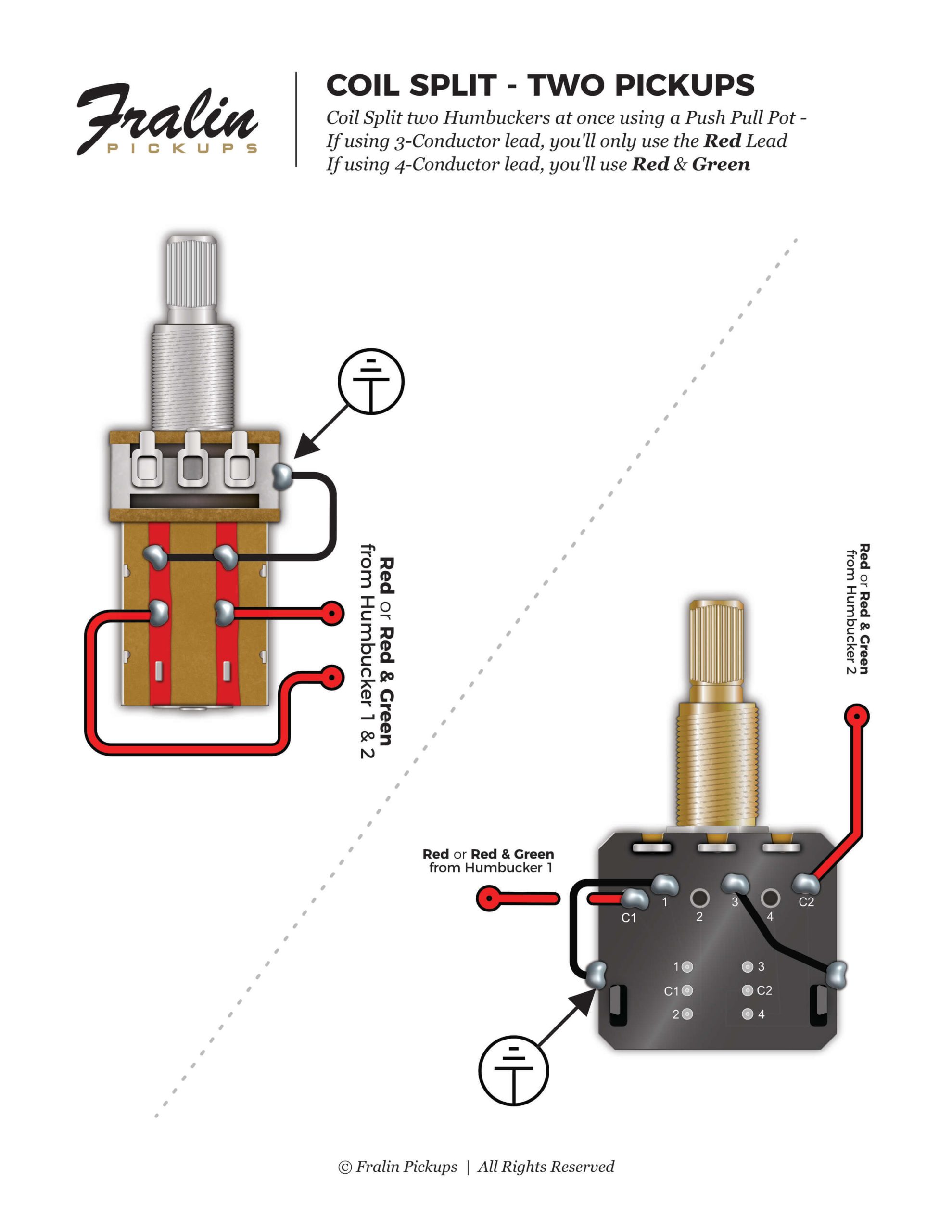 Coil split two humbuckers at once with single push pull pot